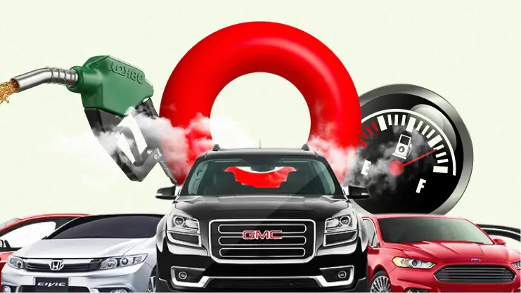 Cars, a fuel pump, and a gauge illustrating Fuel Monitoring and GPS Tracking.