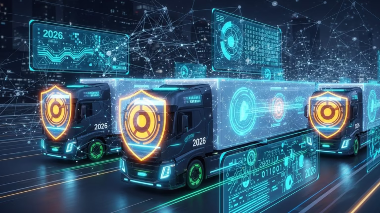 Futuristic fleet of trucks protected by digital cybersecurity shields and data networks.