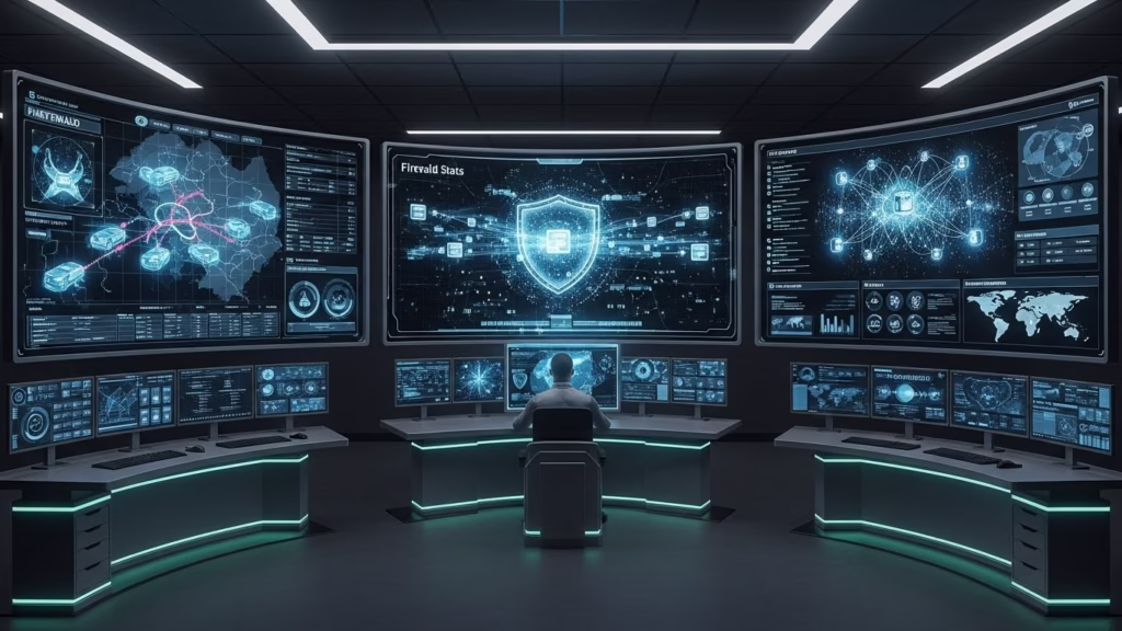 Cybersecurity monitoring room displaying encrypted fleet data and real-time protection systems