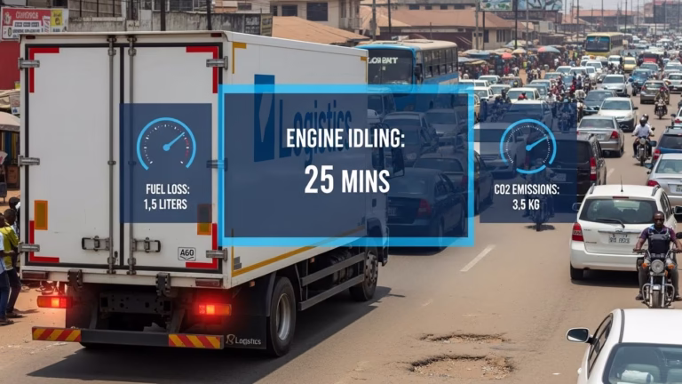 Truck idling in Nigerian traffic with digital graphics showing fuel loss and emissions.
