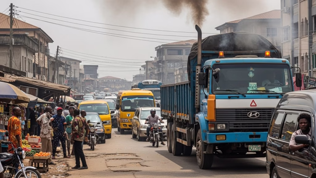 Truck emitting exhaust on a Nigerian road with carbon and pollution indicators