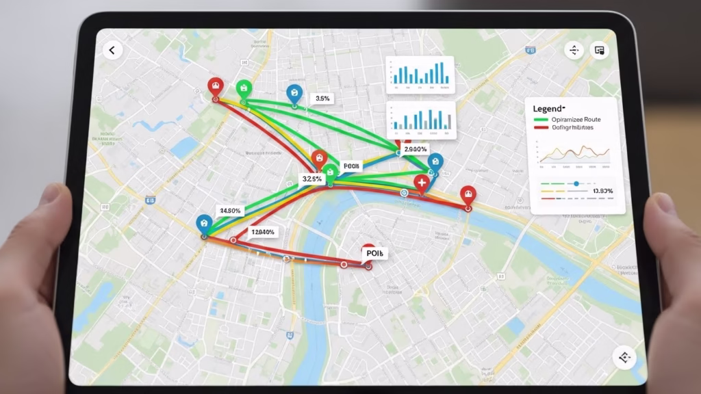 Route planning map with optimized paths and data visuals