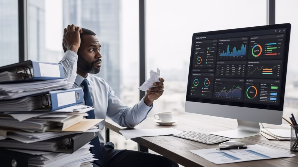Confused fleet manager with paperwork versus digital screen with organized data