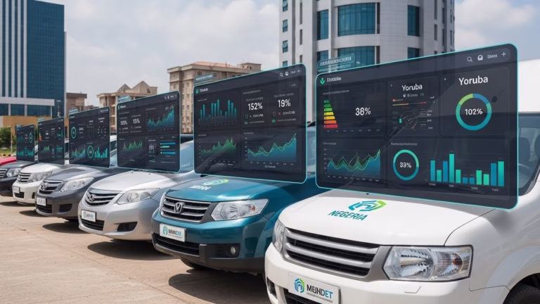 Modern Nigerian fleet vehicles with digital dashboards, charts, and data overlays