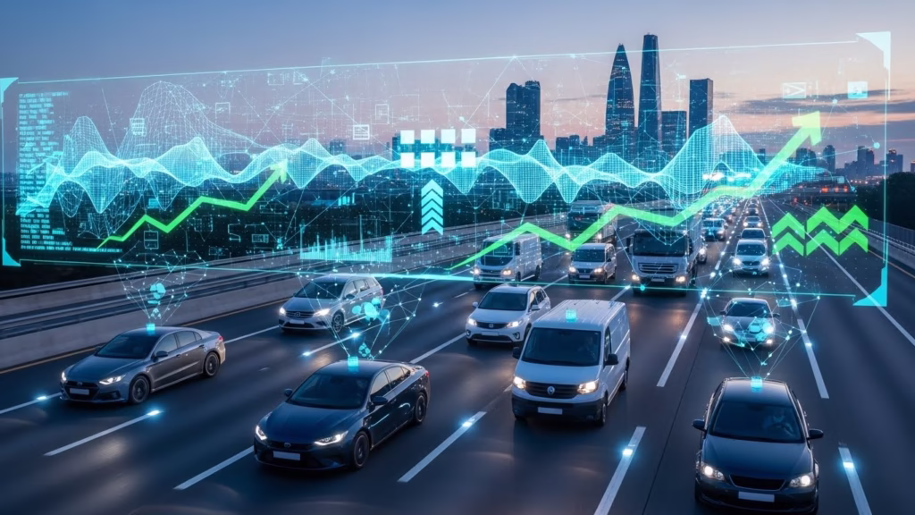 Fleet vehicles on a highway with futuristic digital elements and upward trend icons