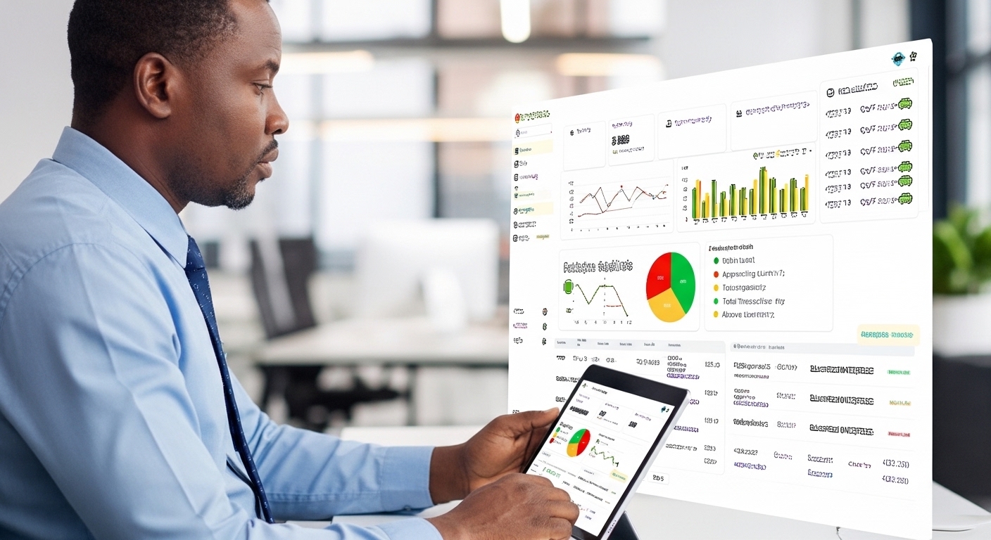 Fleet manager reviewing AgileFlex Fuel Card fuel limits and spending data for Nigerian fleet operations