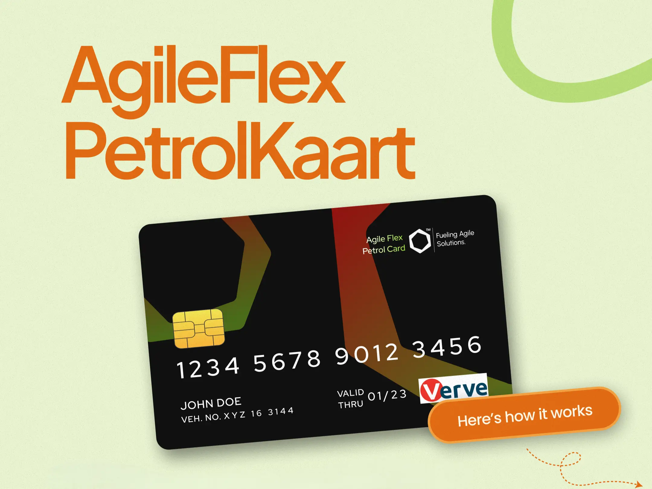 AgileFlex PetrolKaart fuel card powered by Verve, showing cardholder name and vehicle identification for secure fleet refueling.